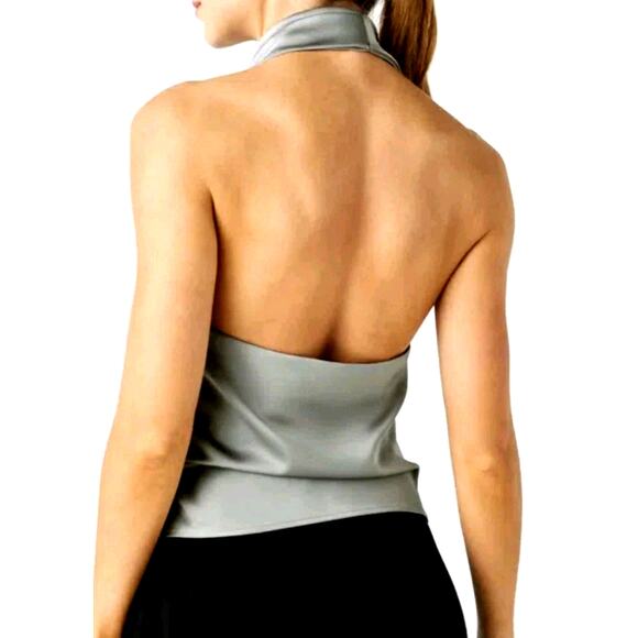 Halara Deep V Neck Backless Stacked Invisible Zip Size XL Satin Like Silver - Picture 2 of 6